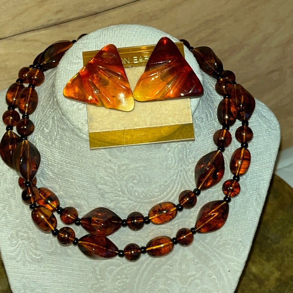 Vintage ~ Acrylic Tortious Shell Necklace with Bakelite Pierced Earrings!